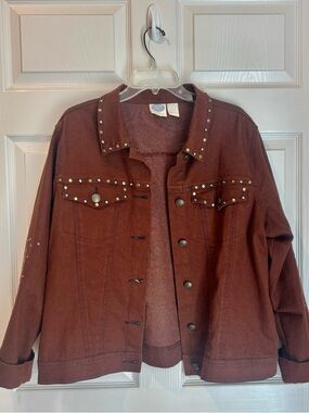 DG2 by Diane Gilman Classic Stretch Studded Denim Jacket - Brown - 1X